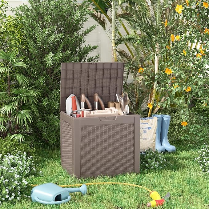 ROJIK Outdoor Storage Housing Deck Box - Waterproof Patio Furniture, Garden Tools, Cushions, Pool Accessories Storage Bench with Lockable Lid and Side Handles (Grey Rattan, 30 Gal) - Image 6