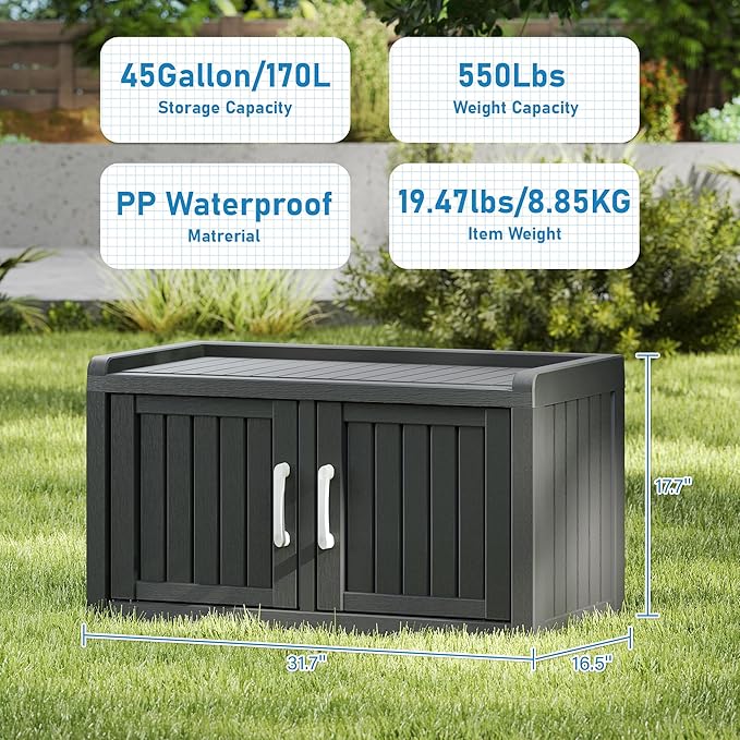 2-Tier Storage Bench, Waterproof UV-Resistant Outdoor Shoe Storage Cabinet with 2 Doors & Adjustable Shelves for Indoor Outdoor Entryway, Hallway, Living Room (Black) - Image 3
