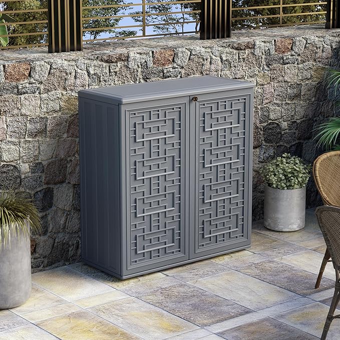 Indoor Outdoor Storage Cabinet Waterproof with Shelf,Plastic Storage Sheds Outdoor Cabinets for Patio/Garden/Backyard, Size 34.3''L*15''W*36.2''H（Gray） - Image 3