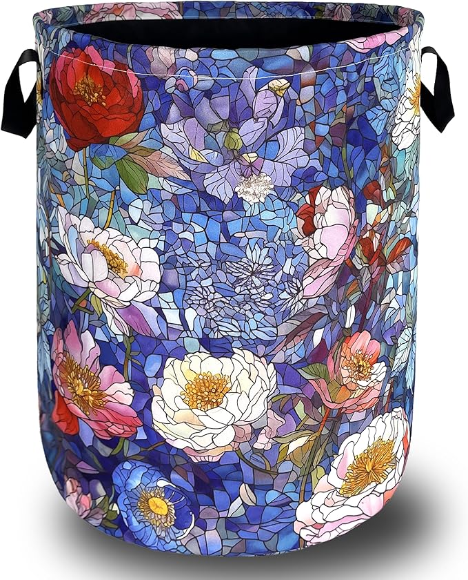 Blue Flowers Laundry Basket Glass Colorful Floral Foldable Funny Laundry Hamper by SELIONLIKN