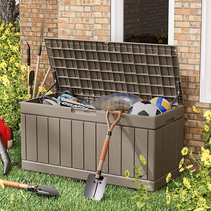 Greesum 82 Gallon Resin Deck Box All Weather Large Outdoor Storage for Patio Furniture, Toys, Garden Tools, Lockable, Light Coffee - Image 2