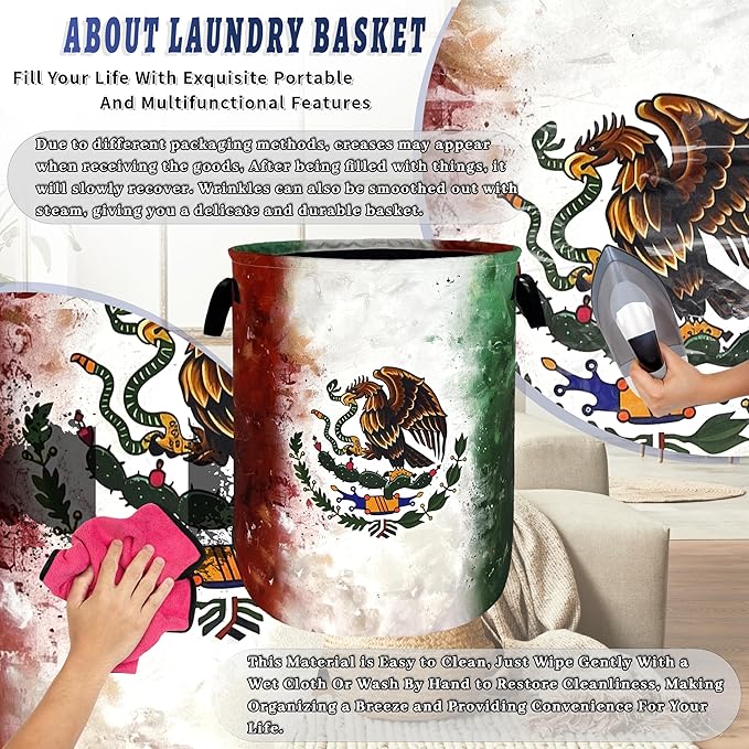 Vintage Mexican Flag Laundry Basket Oxford Cloth Foldable Mexico Laundry Hamper - Image 8