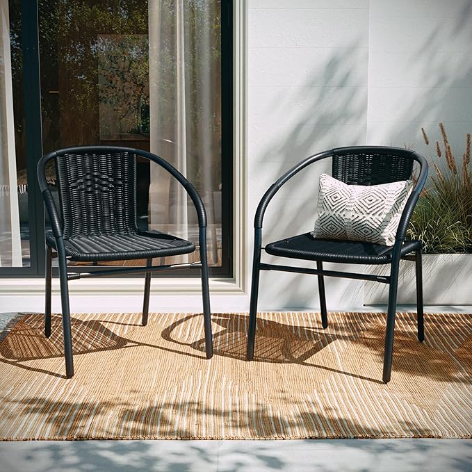 EMMA + OLIVER Set of 2 Modern Rattan Indoor/Outdoor Stack Chairs, Stacking Rattan Patio Chairs with Curved Back and Cross Bracing, Black - Image 8