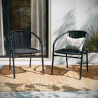 EMMA + OLIVER Set of 2 Modern Rattan Indoor/Outdoor Stack Chairs, Stacking Rattan Patio Chairs with Curved Back and Cross Bracing, Black - Image 8