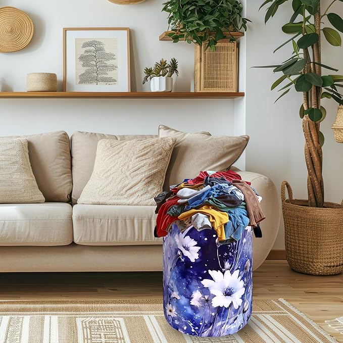 Blue Daisy Flower Laundry Basket Foldable Oxford Cloth Watercolor Floral - Image 2