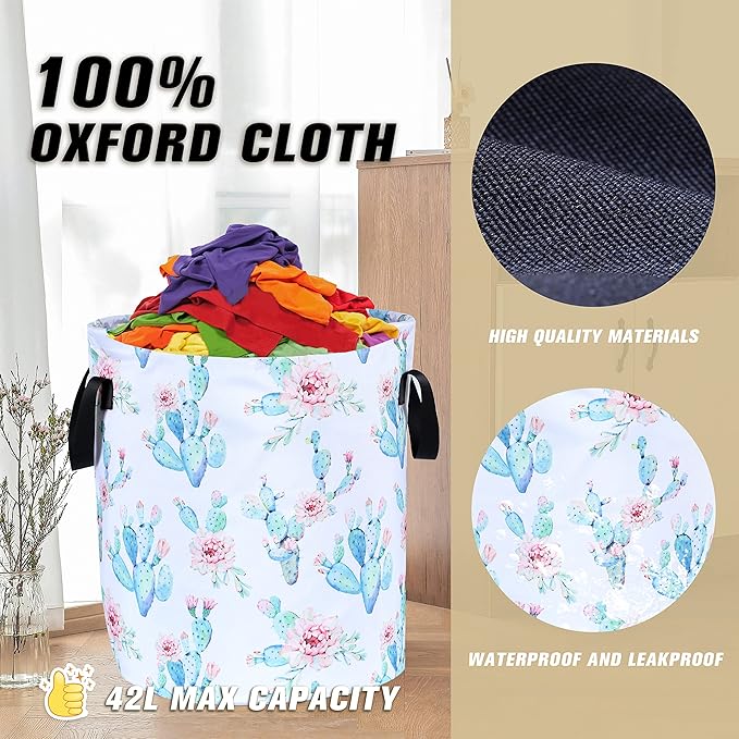 Cactus Flowers Laundry Basket Pink Floral Foldable Oxford Cloth Funny Tote Bag - Image 6