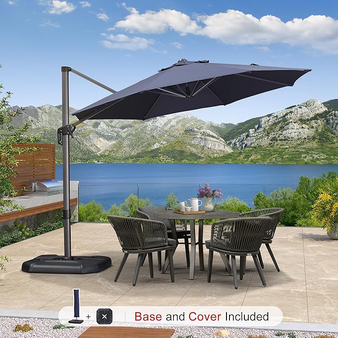 PURPLE LEAF 10 Feet Patio Umbrella with Base and Cover Round Outdoor Cantilever Umbrella Aluminum Offset Umbrella with 360-degree Rotation for Garden Deck Pool Patio Navy Blue - Image 2