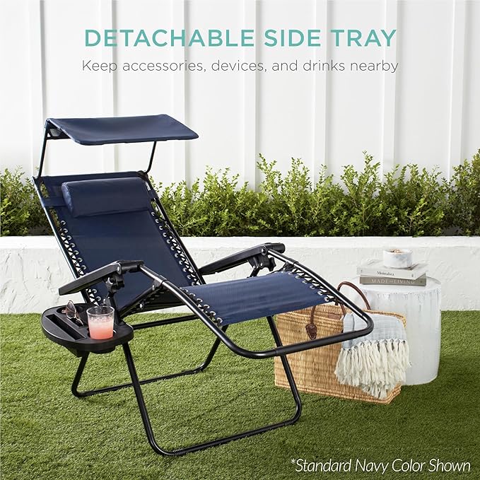 Best Choice Products 30” Wide Folding Zero Gravity Outdoor Recliner Patio Lounge Chair w/Adjustable Canopy Shade, Headrest, Side Accessory Tray - Light Blue - Image 8