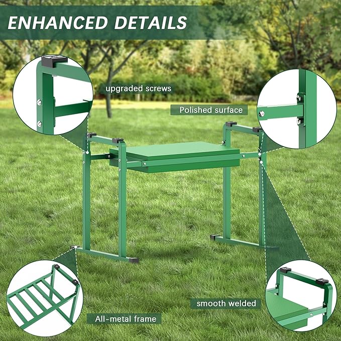 FLINTER Garden Kneelers Seat, Stable and Save Tip-Resistant Design 10.2" Wider Garden Kneeler and Seat with Handle, Heavy Duty Gardening Stool for Seniors, Gardening Weeding Bench for Parents - Green - Image 7