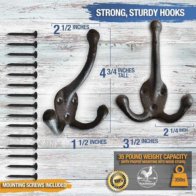Cast Iron Tri Leg Coat Hooks Wall Mounted Farmhouse, Decorative, Rust Proof - Image 3