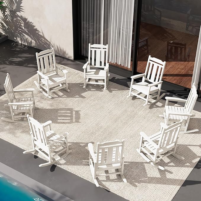 SERWALL Outdoor Rocking Chair White Set of 8, All Weather Patio Rocking Chair, HDPE Poly Rocking Chair for Adults, Heavy Duty Front Porch Rocker by SERWALL