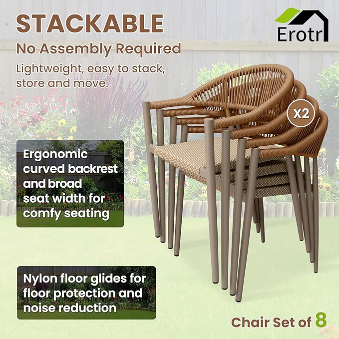 8 Pcs Stackable Patio Dining Chairs, Aluminum Rattan Outdoor Dining Chair with Arms, Woven Rope Garden Armchair Metal No Assembly for Bistro Balcony Porch Deck Yard Cafe Restaurant, Light Brown - Image 5