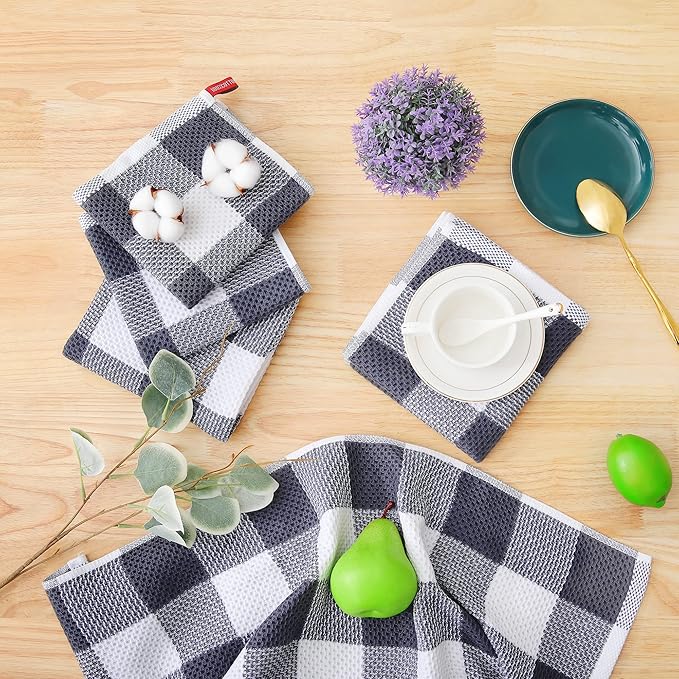 Homaxy 100% Cotton Waffle Weave Check Plaid Dish Cloths, 12 x 12 Inches - Image 6