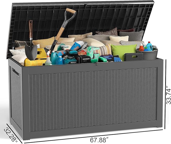 ROJIK Outdoor Storage Housing Deck Box - Waterproof Patio Furniture, Garden Tools, Cushions, Pool Accessories Storage Bench with Lockable Lid and Side Handles (Black, 315 Gal) - Image 2