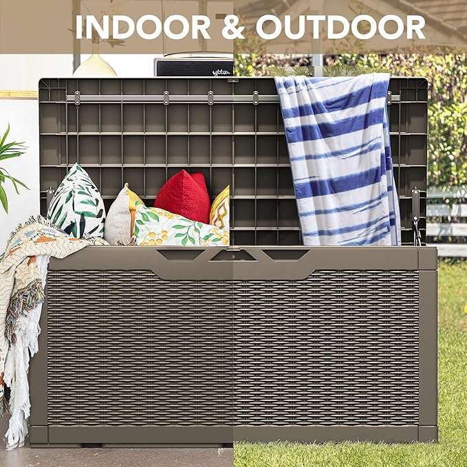 Devoko 100 Gallon Waterproof Large Resin Deck Box Indoor Outdoor Lockable Storage Container for Patio Furniture Cushions Garden Tools (100 Gallon, Light Brown) - Image 8