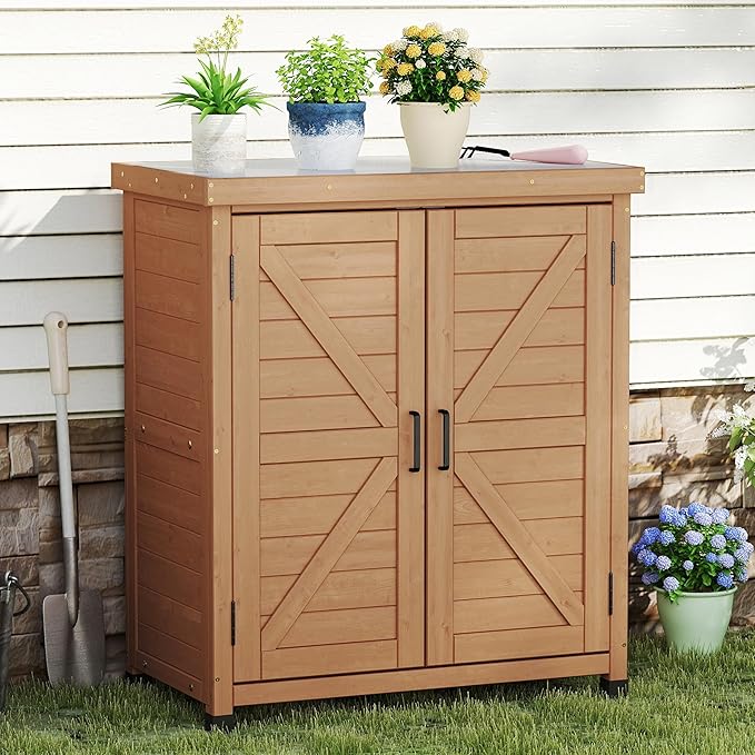 Outdoor Storage Cabinet & Potting Bench Table with Metal Top, Wooden Patio Furniture, Garden Workstation (Light Brwon, 36x31x17in) - Image 7