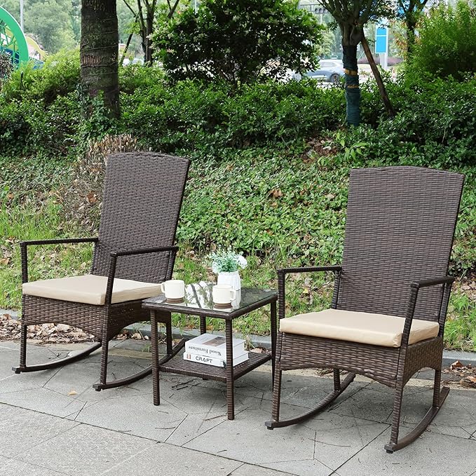 Outdoor Rocking Chair 3 Pieces High-Backed Rocking Chair Patio Rocking Chairs Outdoor Table, Khaki by Unknown