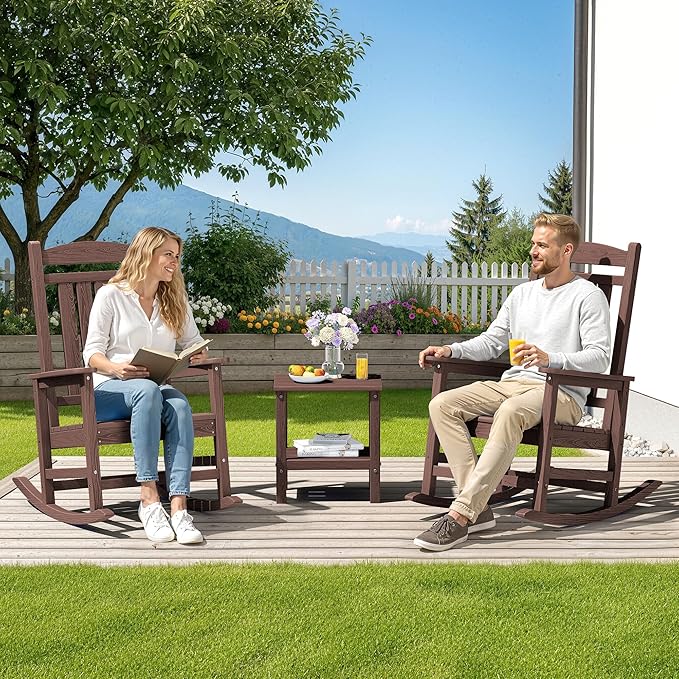 SERWALL HDPE Outdoor Rocking Chair Set of 2, Oversized Patio Rocking Chairs, All-Weather Porch Rockers for Adults, Coffee - Image 2