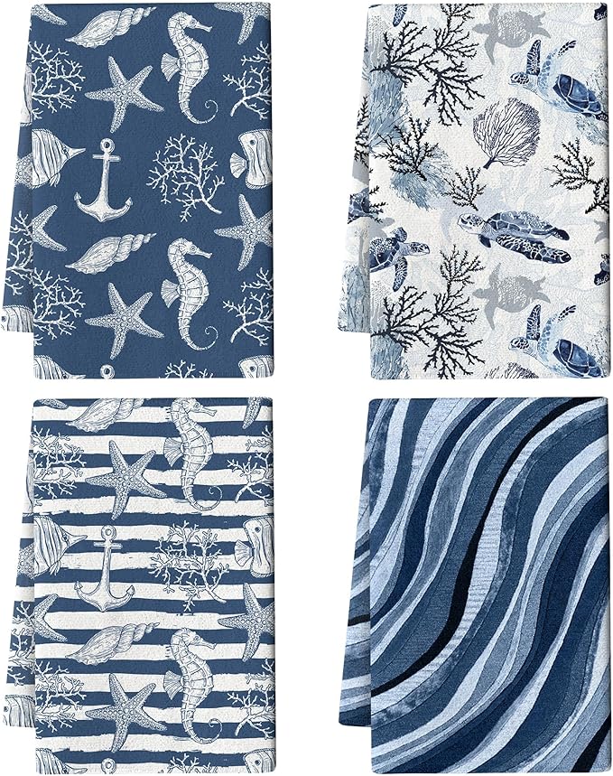Blue Nautical Seahorse Corals Sea Turtle Kitchen Dish Towels Decorative Set of 4 by Unknown