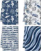 Blue Nautical Seahorse Corals Sea Turtle Kitchen Dish Towels Decorative Set of 4 by Unknown