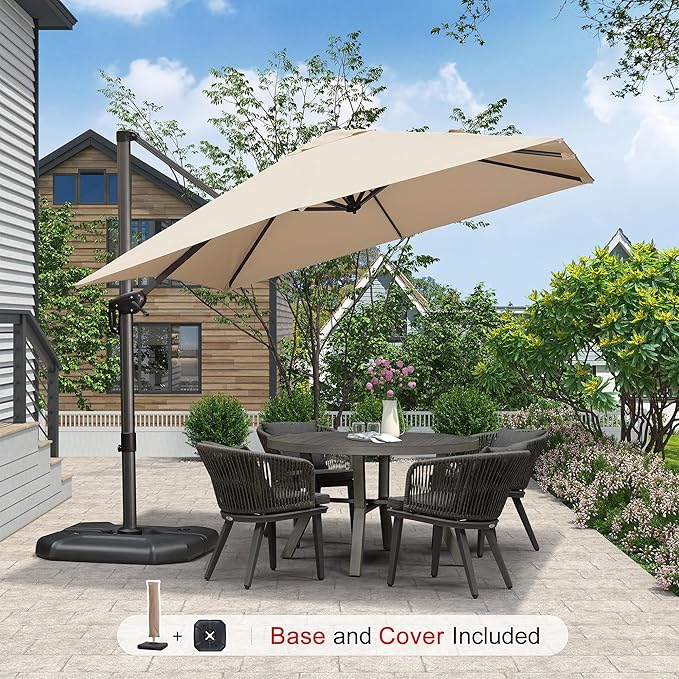 PURPLE LEAF 9'×9' Patio Umbrella with Base Outdoor Cantilever Umbrella with Cover Aluminum Square Offset Umbrella with 360-degree Rotation for Deck Pool Garden Beige - Image 2