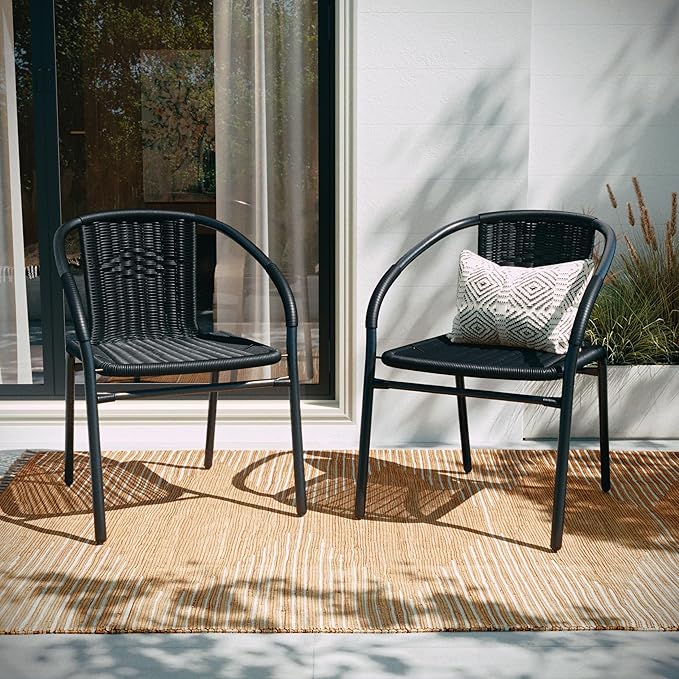 EMMA + OLIVER Set of 2 Modern Rattan Indoor/Outdoor Stack Chairs, Stacking Rattan Patio Chairs with Curved Back and Cross Bracing, Black by EMMAOLIVER