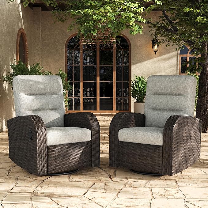 LayinSun Oversized Wicker Outdoor Swivel Glider Recliner with Adjustable Backrest & Footrest, Patio Reclining Lounge Chair - Set of 2 by LayinSun