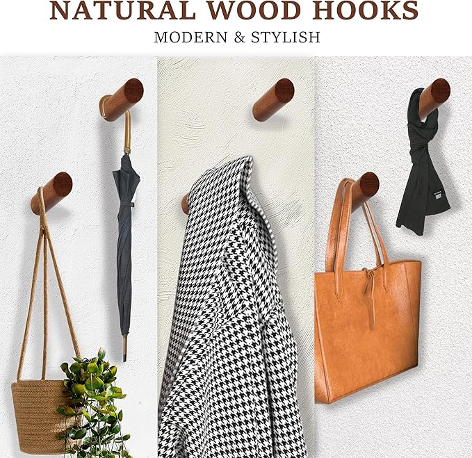 evory 6 Pack Wood Wall Hooks, Rustic Wooden Coat Hooks Wall Mount, Hat Hooks - Image 3
