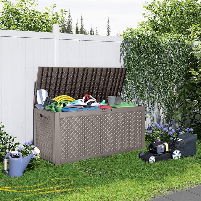 ROJIK Outdoor Storage Housing Deck Box - Waterproof Patio Furniture, Garden Tools, Cushions, Pool Accessories Storage Bench with Lockable Lid and Side Handles (Grey,125 Gal) - Image 7