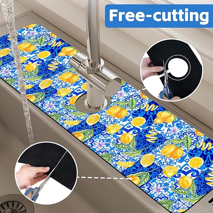 Blue Tiles and Yellow Lemon Sink Faucet Absorbing Mat Sink Splash Guard Faucet - Image 7