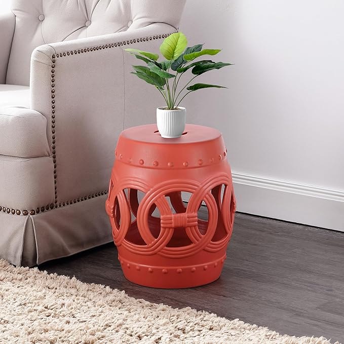 JONATHAN Y TBL1022G Lucky Coins 16" Chinese Ceramic Drum Indoor/Outdoor Garden Stool Bohemian, Coastal, Cottage, French Country, Traditional, for Living Room, Garden Room, Patio, Matte Coral - Image 6