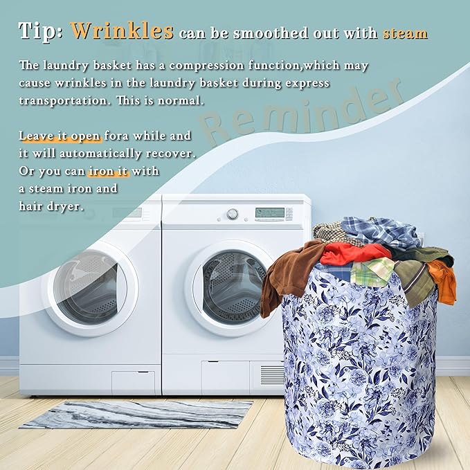 Blue Flower Floral Laundry Basket Foldable - Image 6