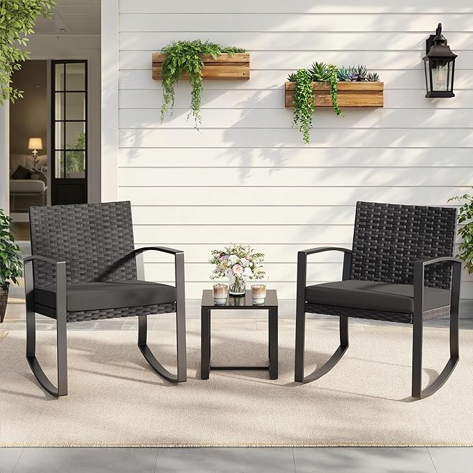 3 Pieces Patio Furniture Set Rocking Bistro Set, Outdoor Patio Furniture Set with Coffee Table for Garden Balcony Backyard Poolside (Black Cushion) - Image 8