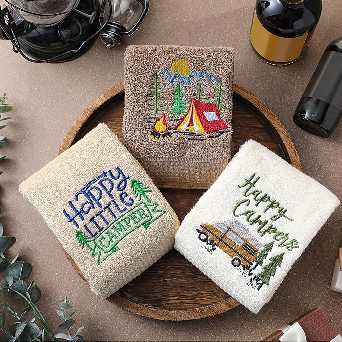 Kitchen 3 Pcs Camping Themed Hand Towels Embroidered Happy Camping Bathroom - Image 6
