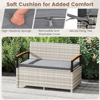 RELAX4LIFE Wicker Outdoor Storage Bench, Rattan Deck Box w/Protective Liner for Patio Furniture Pillows & Garden Tools, Porch Loveseat with Seat Cushion, Acacia Wood Armrests (Grey) - Image 5