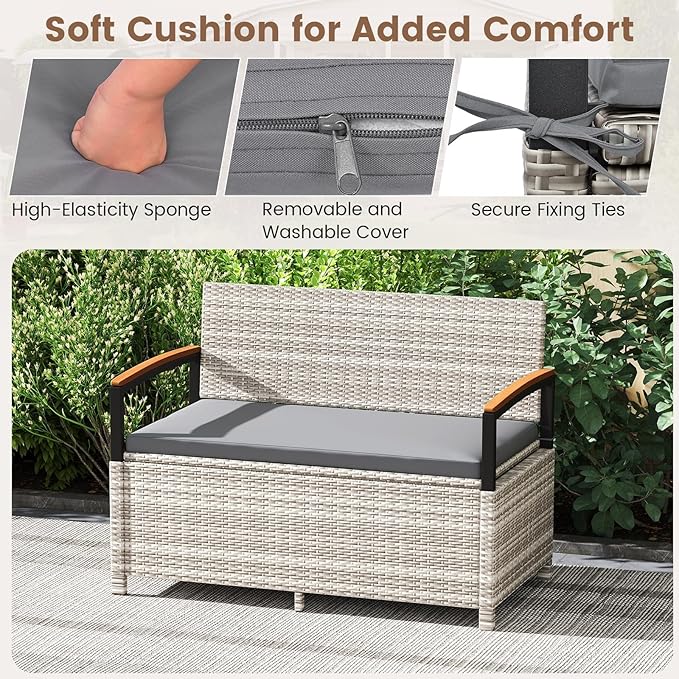 Tangkula 46 Gallon Outdoor Bench with Storage, Outdoor PE Rattan Storage Bench with Cushion, Backrest & Acacia Wood Armrests, Metal Frame, Waterproof Deck Box Seat for Porch Backyard Poolside - Image 5