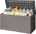 Flamaker Outdoor Storage Box 100 Gallon Waterproof Resin Deck Box Delivery Box with Air Rod Indoor Outdoor Lockable Storage Bench for Patio Cushions, Tools, Pool Accessories (Brown) by Flamaker