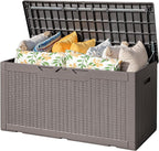 Flamaker Outdoor Storage Box 100 Gallon Waterproof Resin Deck Box Delivery Box with Air Rod Indoor Outdoor Lockable Storage Bench for Patio Cushions, Tools, Pool Accessories (Brown) by Flamaker