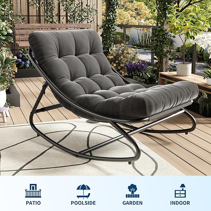 IDEALHOUSE Outdoor Rocking Chair with Metal Frame, Adjustable Papasan Rocker, Waterproof Comfy Cushion, 450lbs Capacity, for Patio, Porch, Garden, Living Room, Dark Grey - Image 6