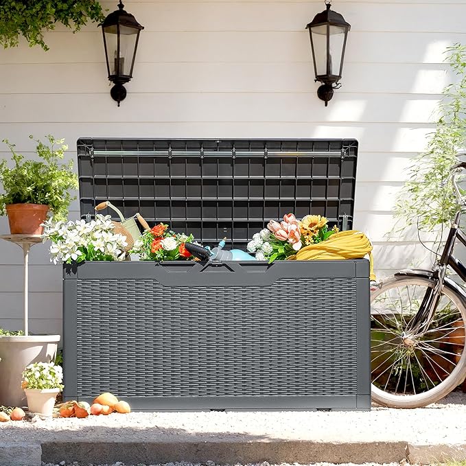 Flamaker Outdoor Storage Box 100 Gallon Waterproof Resin Deck Box Delivery Box with Air Rod Indoor Outdoor Lockable Storage Bench for Patio Cushions, Tools, Pool Accessories (Gray) - Image 2