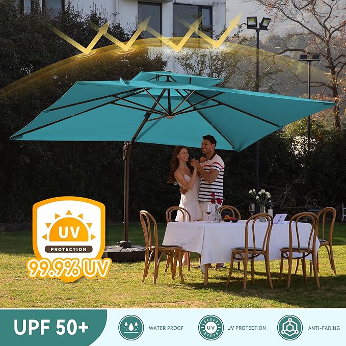 10 X 13 FT Cantilever Outdoor Patio Umbrella with Base Included Large Heavy Duty 360° Rotation Double Top Offset Rectangular Umbrellas with Led Lights for Backyard Outside Deck, Turquoise - Image 5