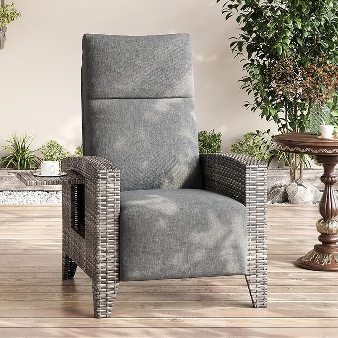 IDEALHOUSE Wicker Outdoor Recliner Reclining Patio Chairs with Adjustable Back & Footrest 150° Lay-Flat Reclining with Air Pump Rattan Flip-Up Side Table Outdoor Lounge Chairs for Pool Deck Balcony - Image 3