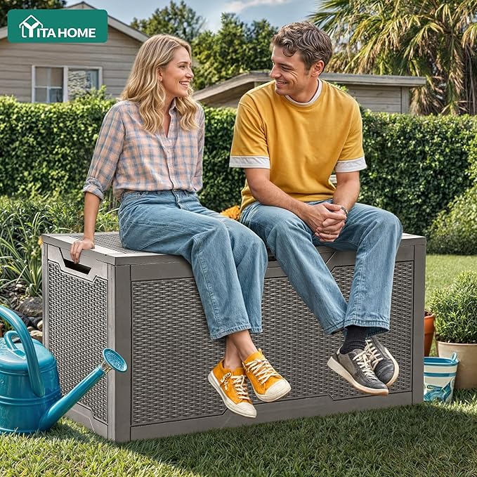 YITAHOME 100 Gallon Resin Deck Box, Weather Resistant Outdoor Storage Box, Lockable Indoor Outdoor Storage for Supplies and Essentials, Taupe - Image 5
