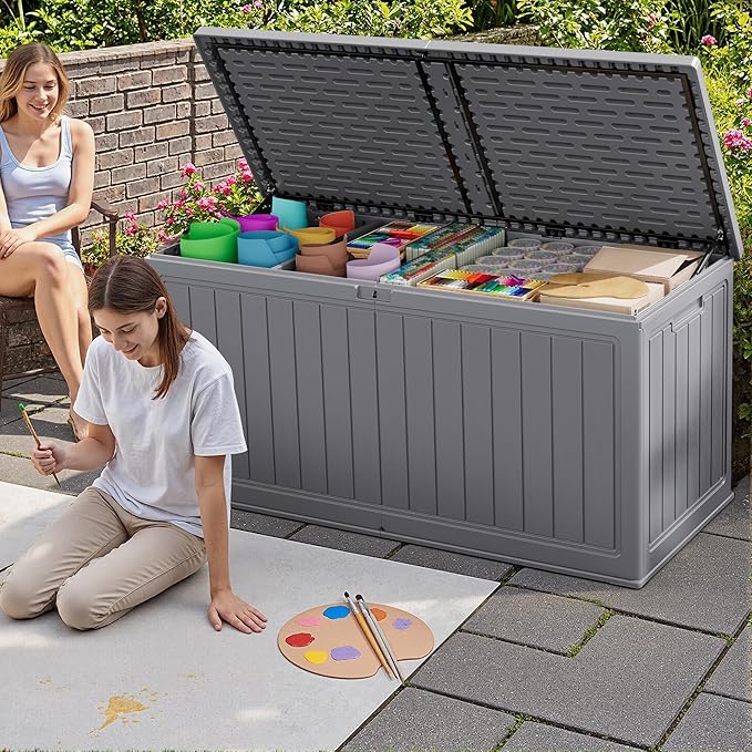 JUMMICO 270 Gallon Outdoor Storage Deck Box with Divider, Double Wall Storage Box with Lockable Lid for Garden Tools, Pools Supplies (Gray) - Image 6
