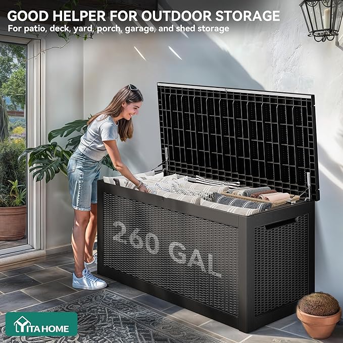 YITAHOME XXL 260 Gal Large Deck Box, Outdoor Resin Storage Box, Rattan Storage Container for Patio Furniture, Garden Tools, Waterproof, Lockable (Black) - Image 3