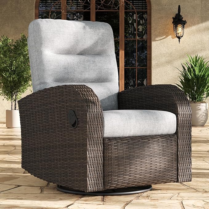 LayinSun Oversized Wicker Outdoor Swivel Glider Recliner with Adjustable Backrest & Footrest, Patio Reclining Lounge Chair by LayinSun