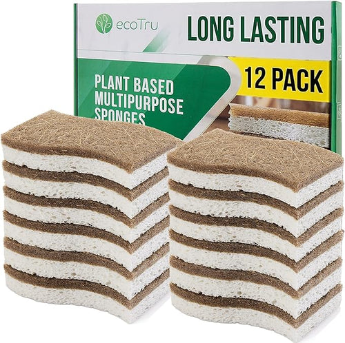 12 Pack Natural Kitchen Sponges, Compostable White Cellulose & Organic Coconut by ecoTru