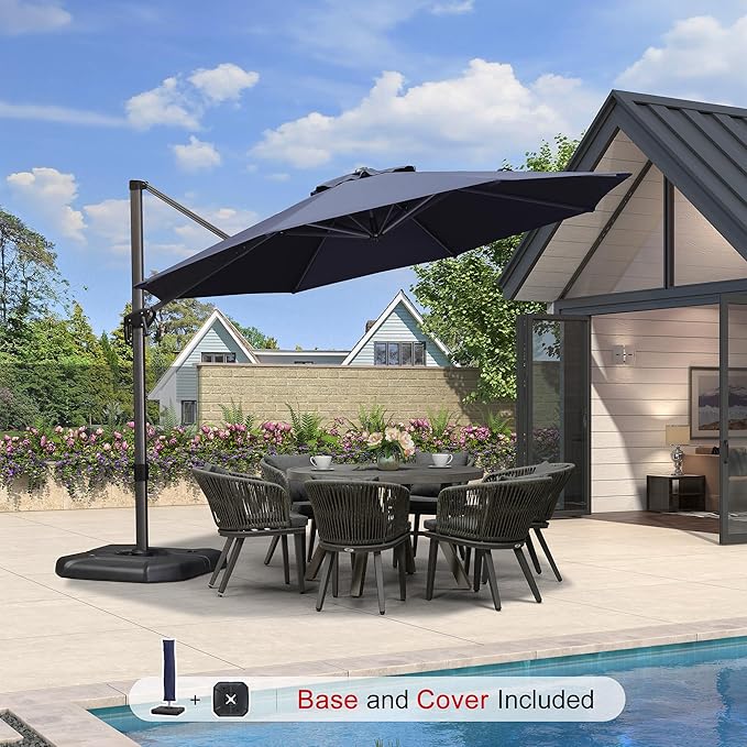 PURPLE LEAF 11 Feet Patio Umbrella with Base and Cover Round Outdoor Cantilever Umbrella Aluminum Offset Umbrella with 360-degree Rotation for Garden Deck Pool Patio Navy Blue - Image 2