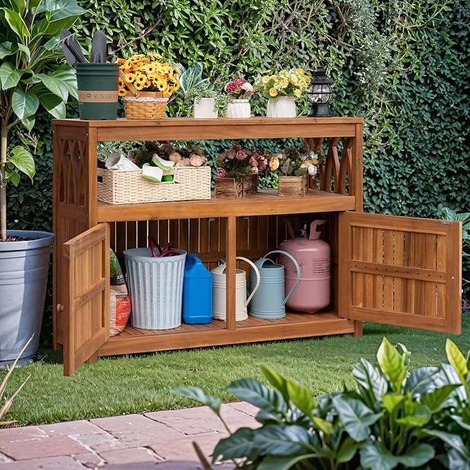 Greesum 2-Tier Outdoor Storage Cabinet in Acacia Wood, with 2 Magnetic Doors, for Garden, Picnic, Buffet, TV Stand, or Bar Table, Brown - Image 4