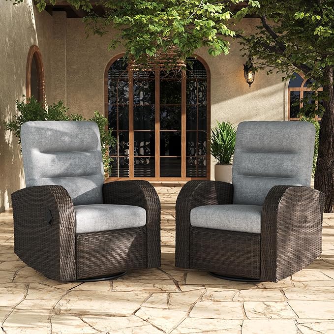 LayinSun Oversized Wicker Outdoor Swivel Glider Recliner with Adjustable Backrest & Footrest, Patio Reclining Lounge Chair - Set of 2 by LayinSun